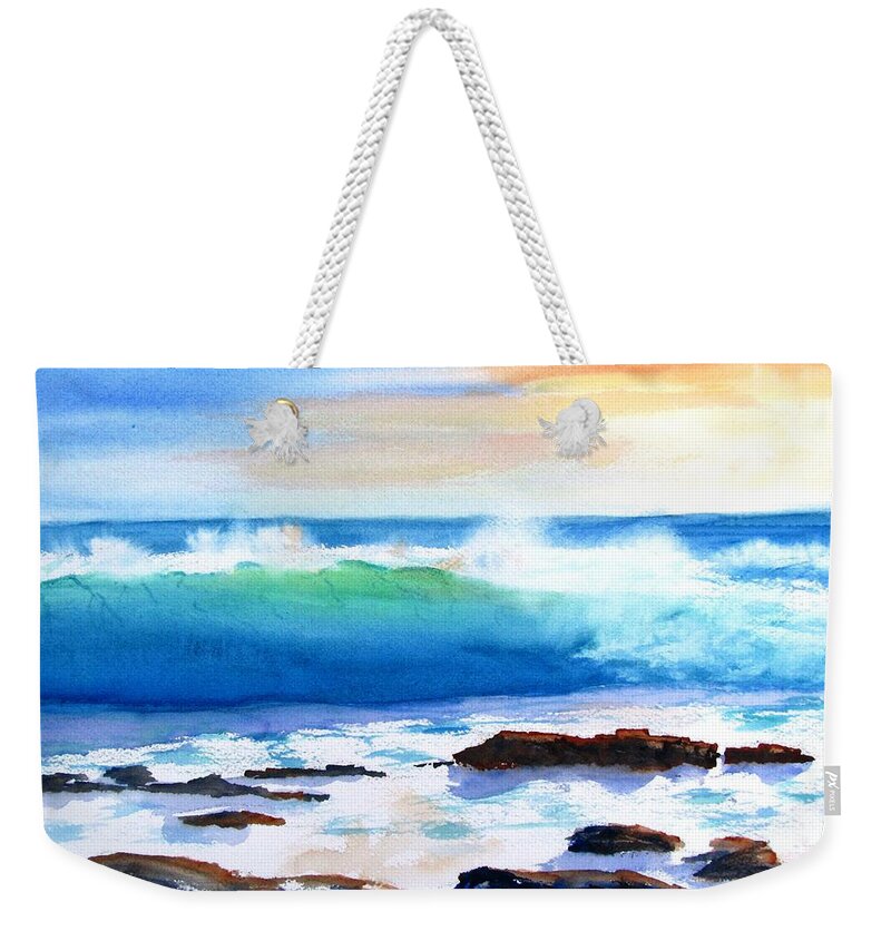 Ocean Weekender Tote Bag featuring the painting Blue Water Wave crashing on Rocks by Carlin Blahnik CarlinArtWatercolor