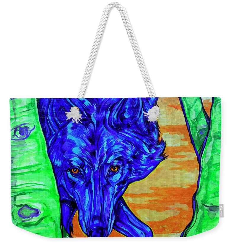 Wolf Weekender Tote Bag featuring the painting Blue Wolf by Derrick Higgins