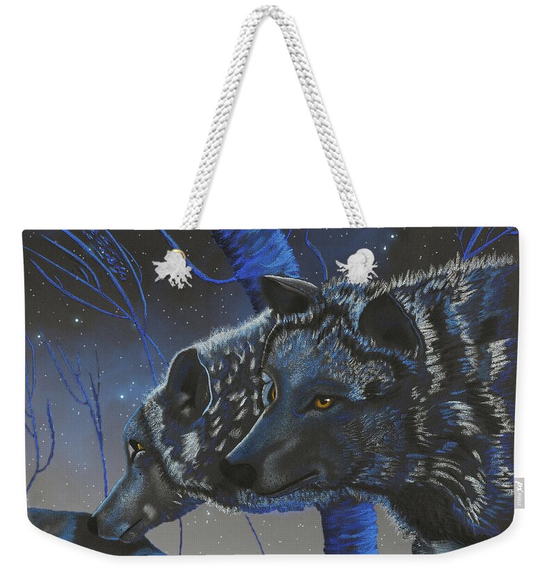 Wolf Photographs Weekender Tote Bag featuring the digital art Blue Wolves with Stars by Mayhem Mediums