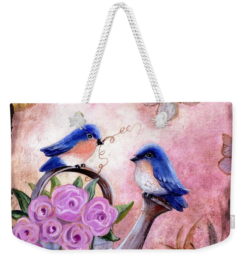 Shabby Chic Weekender Tote Bag featuring the painting Bluebirds And Butterflies by Marilyn Smith