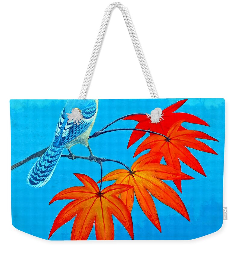 Duane Mccullough Weekender Tote Bag featuring the painting Bluejay in the Fall 2 by Duane McCullough