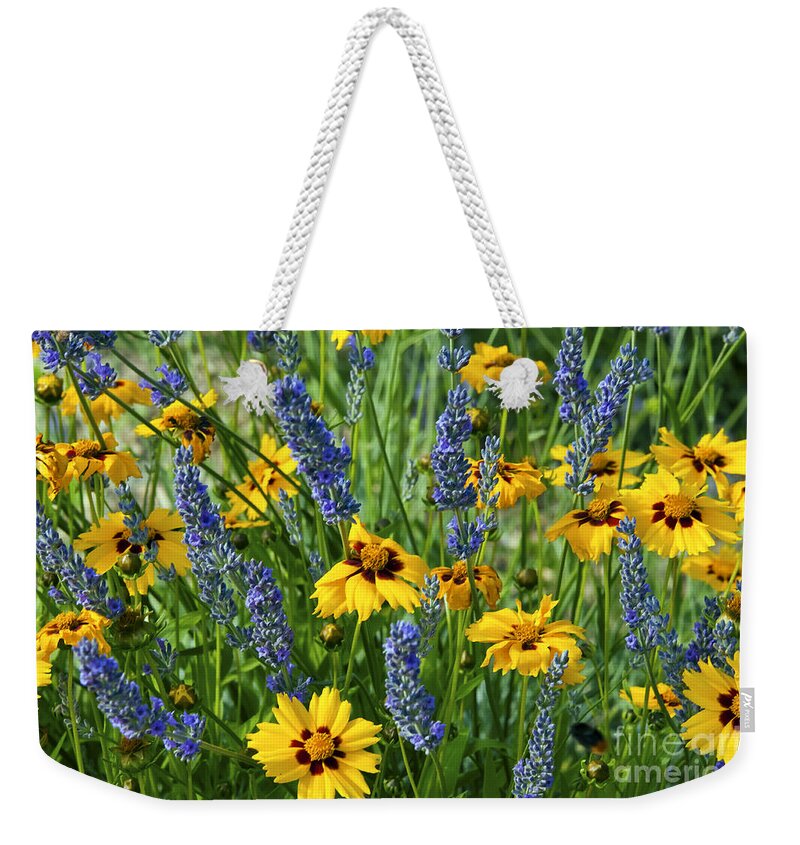 Blue Flower Weekender Tote Bag featuring the photograph Blues and Yellows by Bob Phillips