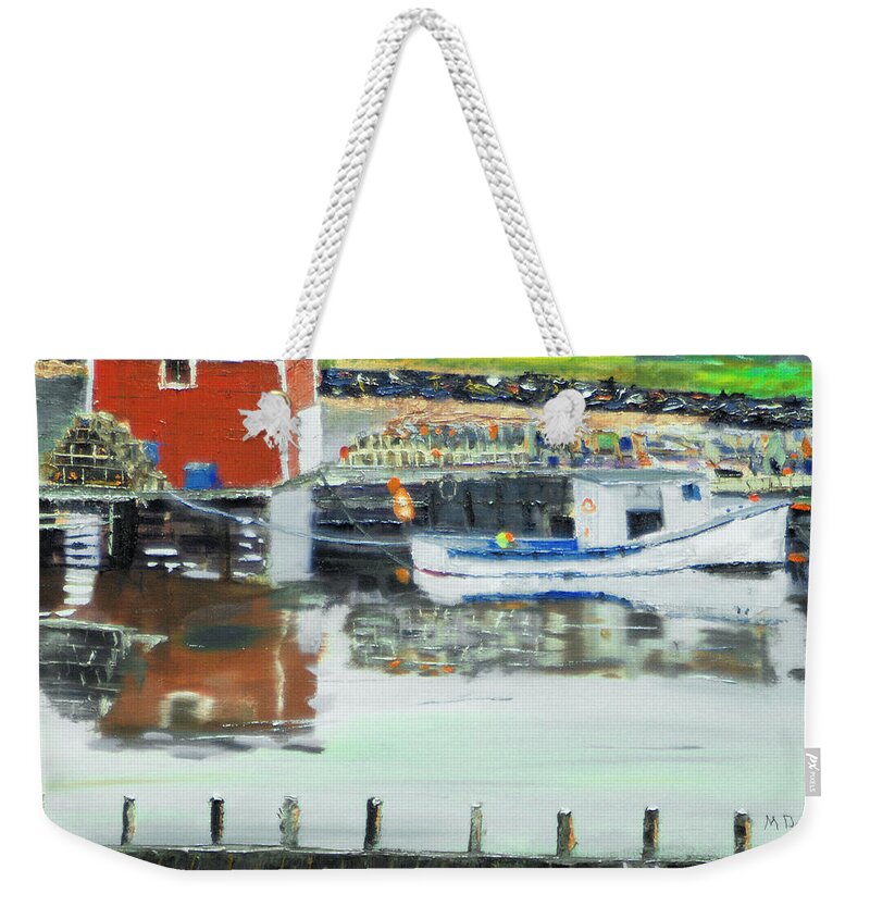 Boat Water Dock Fish Reflection Lobster Net Trap Pot Bouy Weekender Tote Bag featuring the painting Boat at Louisburg NS by Michael Daniels