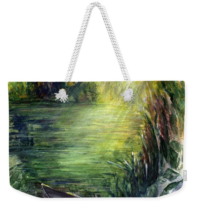 Imaginary Watercolor Of A Waterway With A Boat Docked Maybe Drifted Into This Place Weekender Tote Bag featuring the painting Boat Dock by Allison Ashton