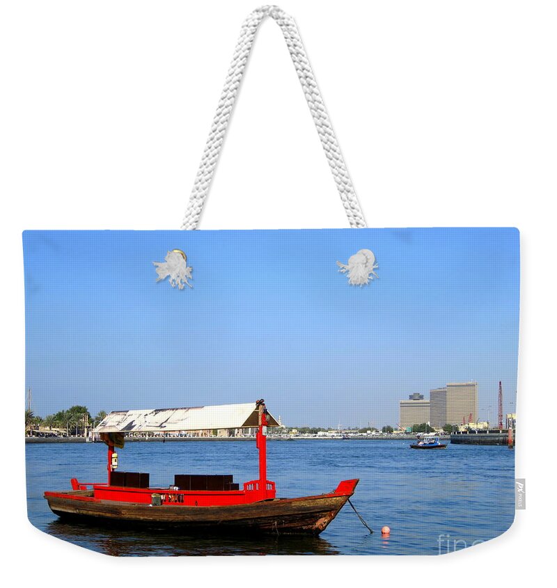 Background Weekender Tote Bag featuring the photograph Boat on the River by Amanda Mohler