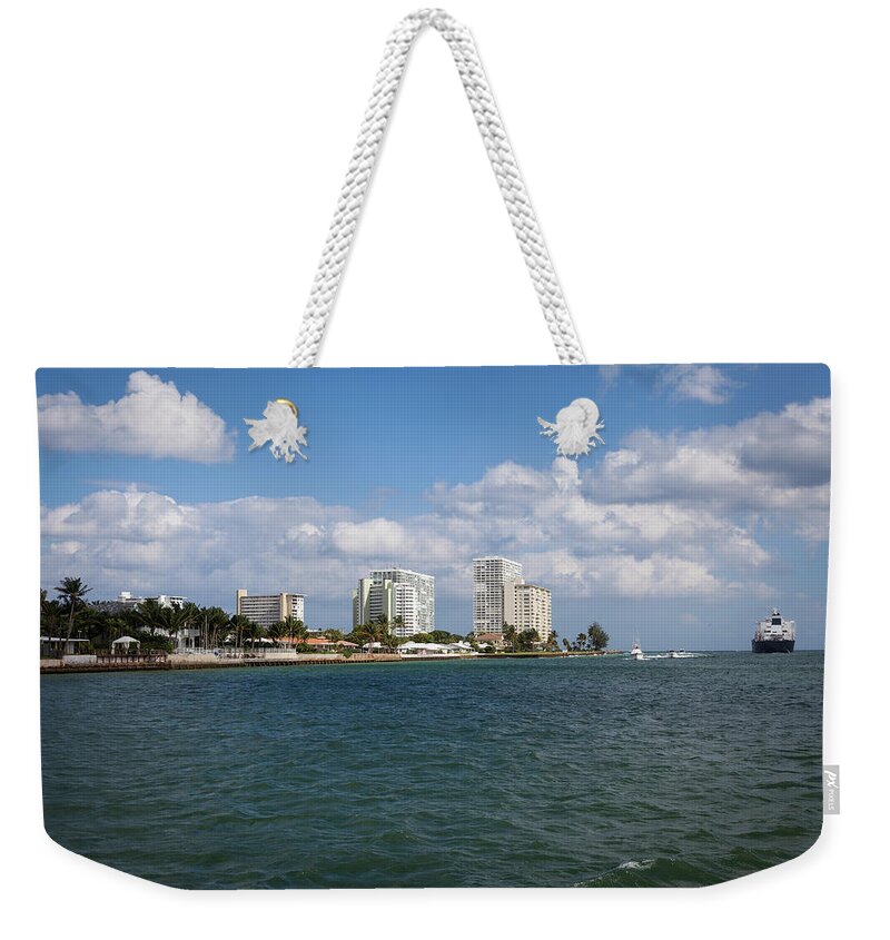 Container Ship Weekender Tote Bag featuring the photograph Boats And Cargo Ship, Ft. Lauderdale by Juan Silva