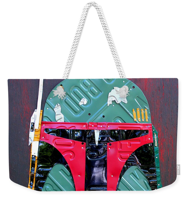 Boba Fett Weekender Tote Bag featuring the mixed media Boba Fett Star Wars Bounty Hunter Helmet Recycled License Plate Art by Design Turnpike