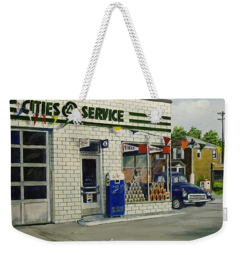 Gas Station Weekender Tote Bag featuring the painting Bob's by William Brody