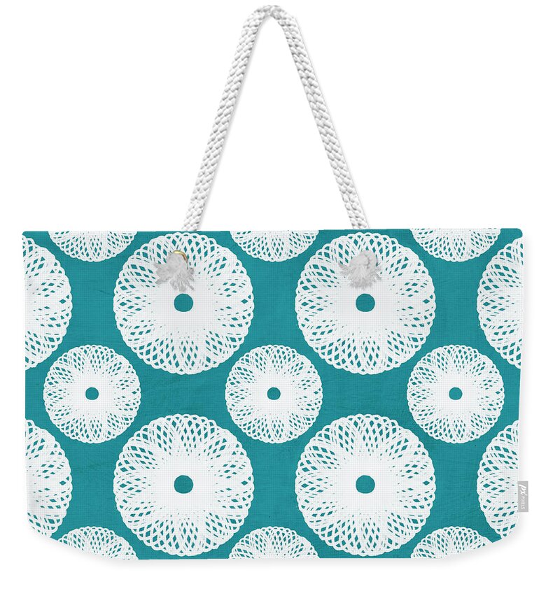 Boho Flowers Pattern Gardenblue White Boho Decor Boho Pillow Bright Colors Bedroom Art Kitchen Art Living Room Art Gallery Wall Art Art For Interior Designers Hospitality Art Set Design Wedding Gift Art By Linda Woods Weekender Tote Bag featuring the mixed media Boho Floral Blue and White by Linda Woods