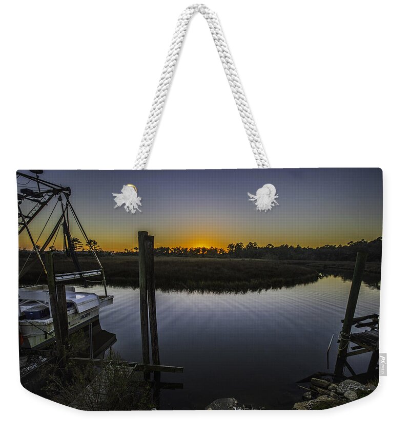 Alabama Weekender Tote Bag featuring the digital art Bon Secour Sunset at Fishery by Michael Thomas