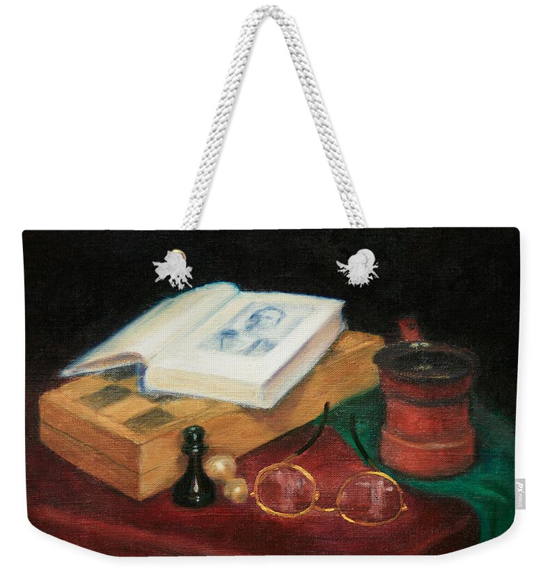 Book Weekender Tote Bag featuring the painting Books-Chess-Coffee by Masha Batkova