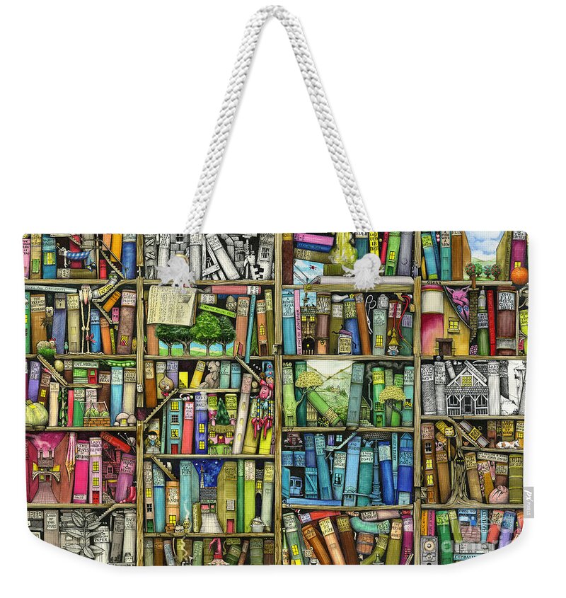 Colin Thompson Weekender Tote Bag featuring the digital art Bookshelf by MGL Meiklejohn Graphics Licensing
