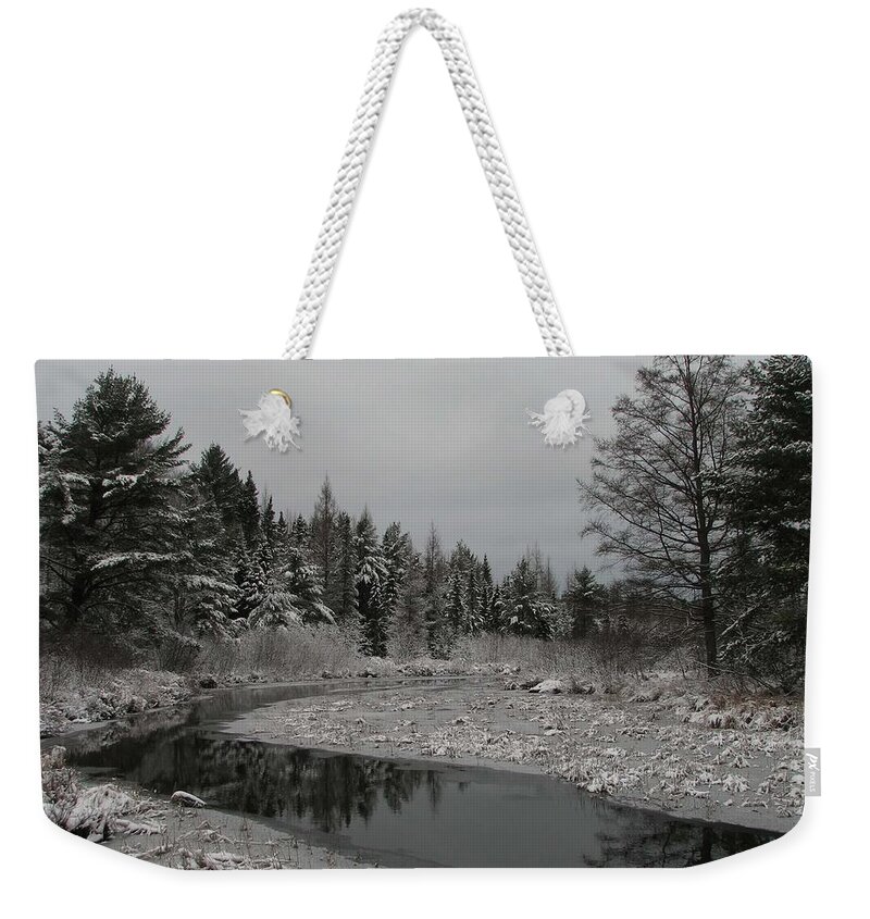 Black And White Weekender Tote Bag featuring the photograph Boot Creek Ice Over by Dale Kauzlaric