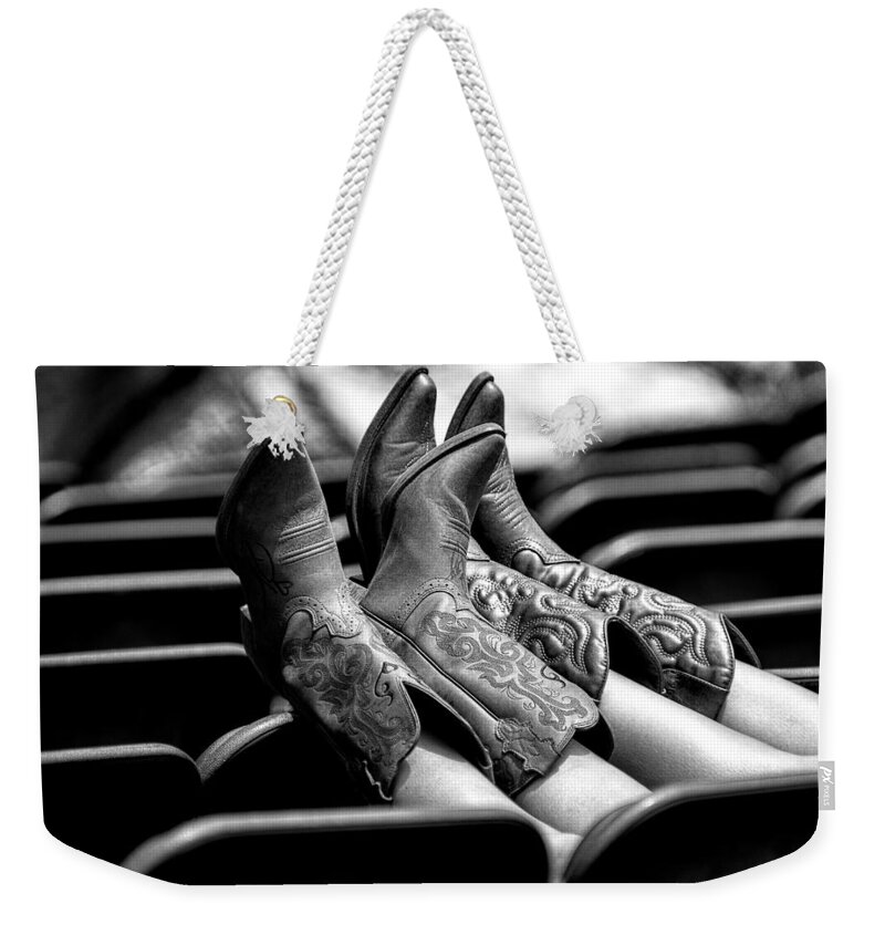 Christopher Holmes Photography Weekender Tote Bag featuring the photograph Boots Up - BW by Christopher Holmes