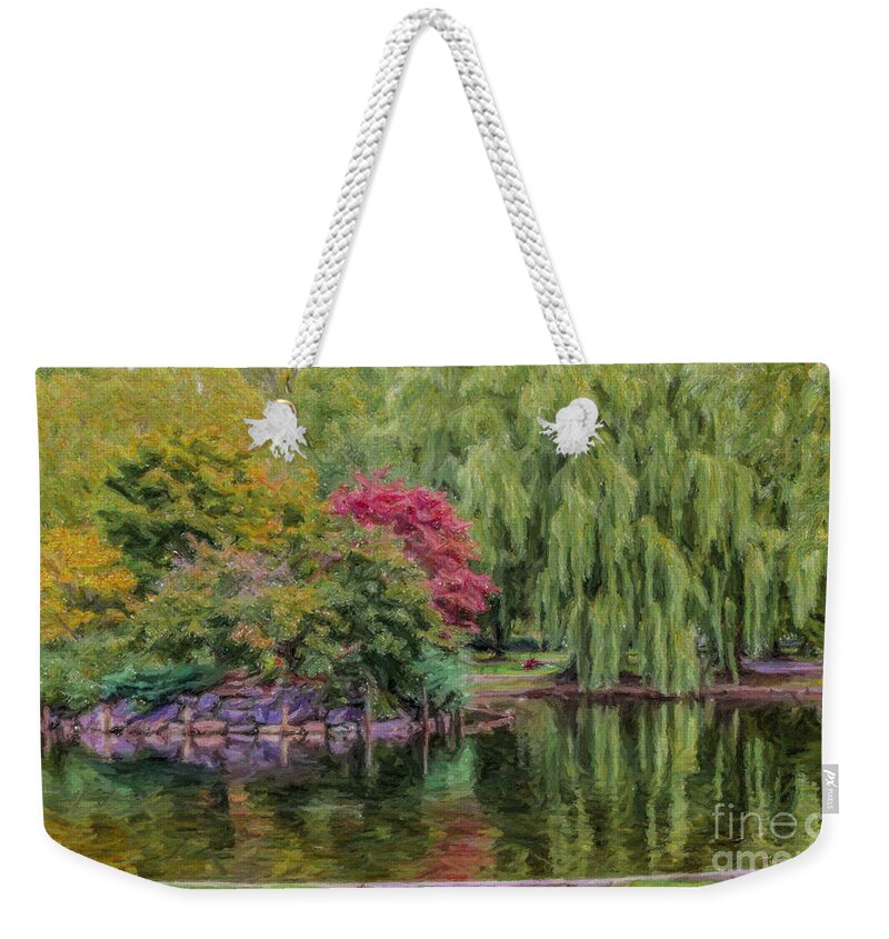 Boston Common Weekender Tote Bag featuring the digital art Boston Common Pond by Liz Leyden