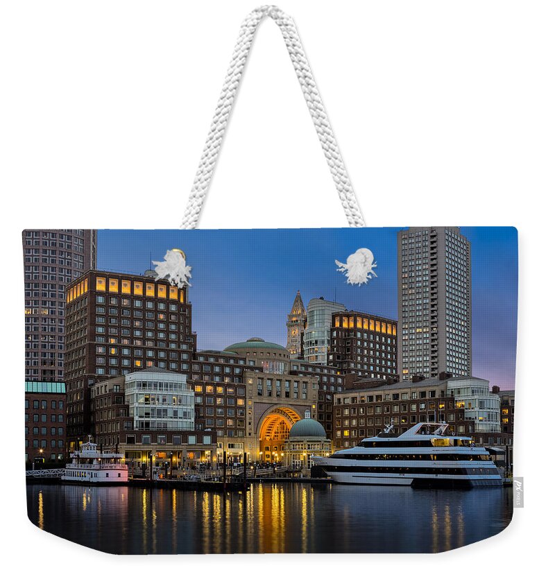 Boston Weekender Tote Bag featuring the photograph Boston Harbor Skyline by Susan Candelario