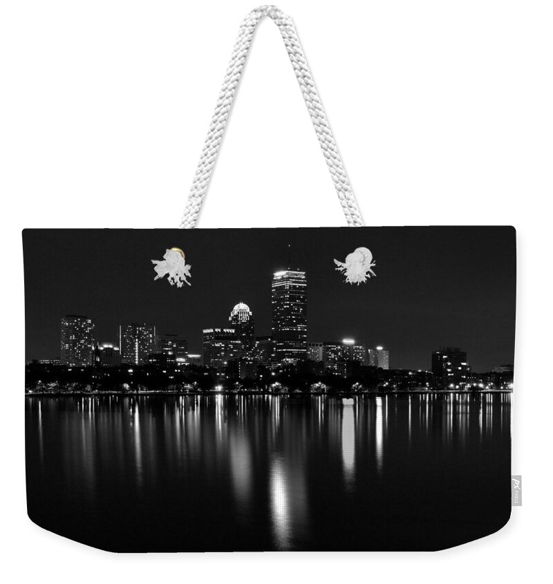 Boston Weekender Tote Bag featuring the photograph Boston Skyline by Night - Black and White by Jatin Thakkar