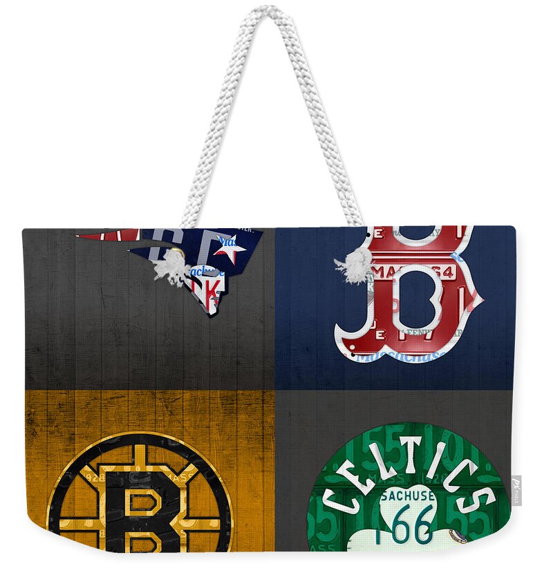 Boston Weekender Tote Bag featuring the mixed media Boston Sports Fan Recycled Vintage Massachusetts License Plate Art Patriots Red Sox Bruins Celtics by Design Turnpike