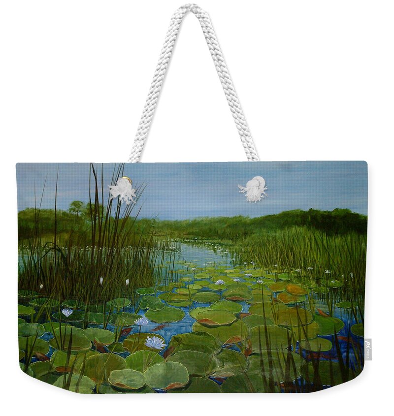 South Africa Weekender Tote Bag featuring the painting Botswana Lagoon by Maryann Boysen