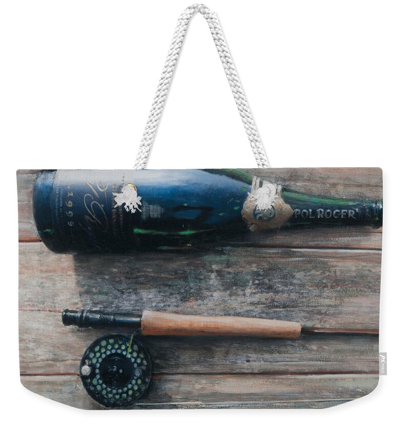 Bottle; Bottles; Champagne; Champagne Bottle; Rod; Fishing; Fishing Rod; Celebration; Planks Weekender Tote Bag featuring the painting Bottle and Rod I by Lincoln Seligman