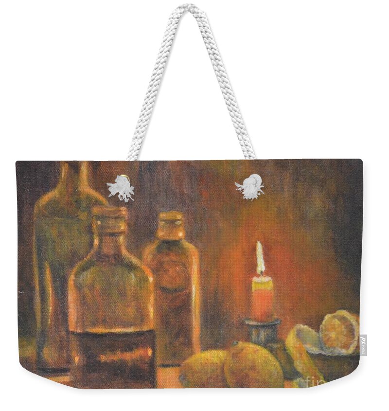 Still Life Weekender Tote Bag featuring the painting Bottles of Light by Jana Baker