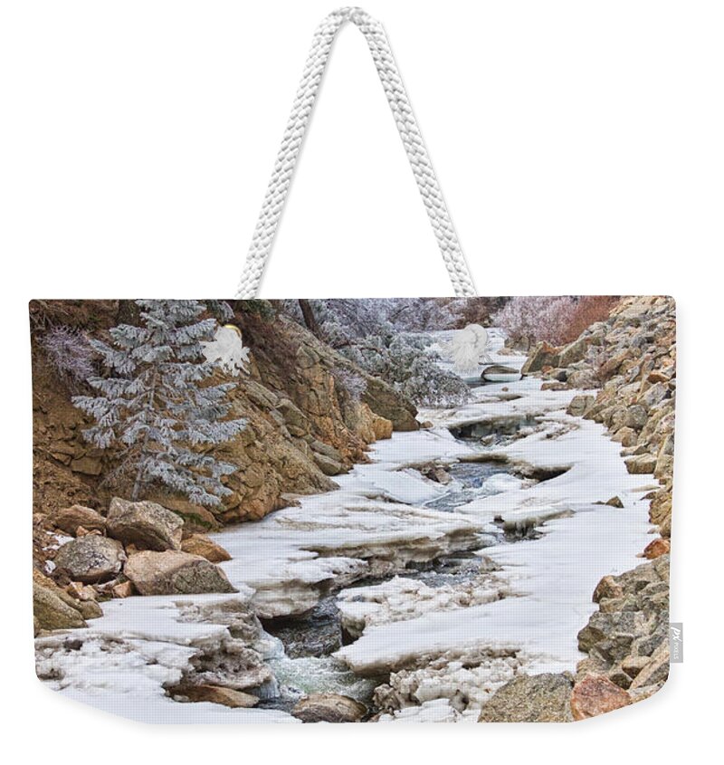 Winter Weekender Tote Bag featuring the photograph Boulder Creek Frosted Snowy Portrait View by James BO Insogna