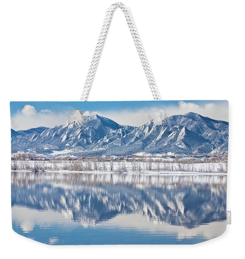 Winter Weekender Tote Bag featuring the photograph Boulder Reservoir Flatirons Reflections Boulder Colorado by James BO Insogna