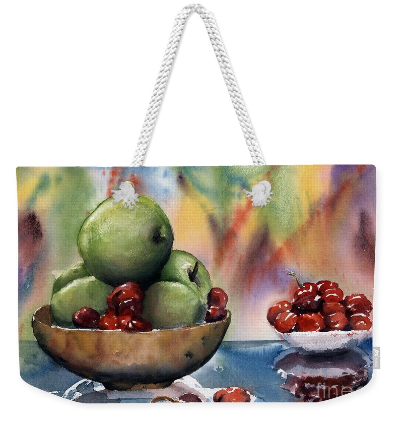 Apples And Cherries Weekender Tote Bag featuring the painting Apples in a Wooden Bowl With Cherries on the Side by Maria Hunt