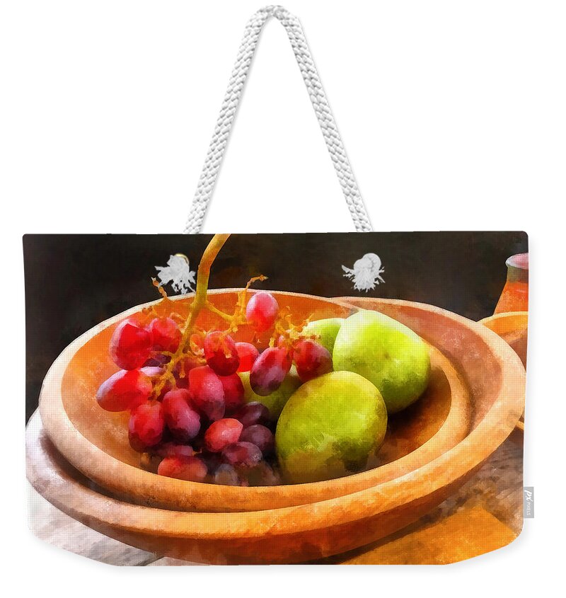 Grape Weekender Tote Bag featuring the photograph Bowl of Red Grapes and Pears by Susan Savad