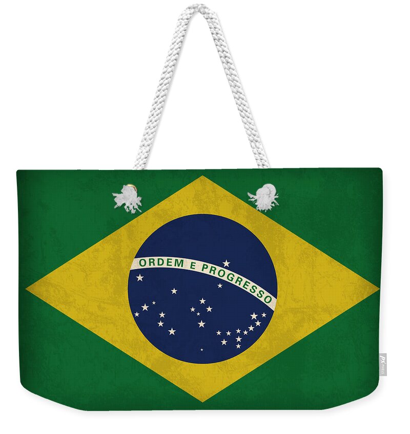 Brazil Flag Weekender Tote Bag featuring the mixed media Brazil Flag Vintage Distressed Finish by Design Turnpike