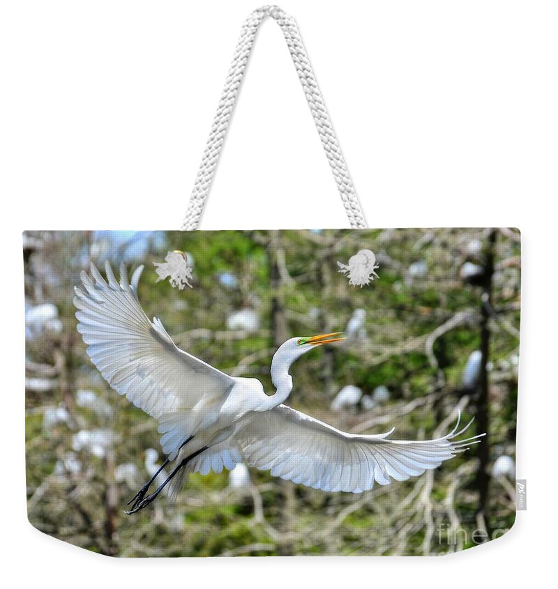 Egret Weekender Tote Bag featuring the photograph Breeding Great Egret In Flight by Kathy Baccari
