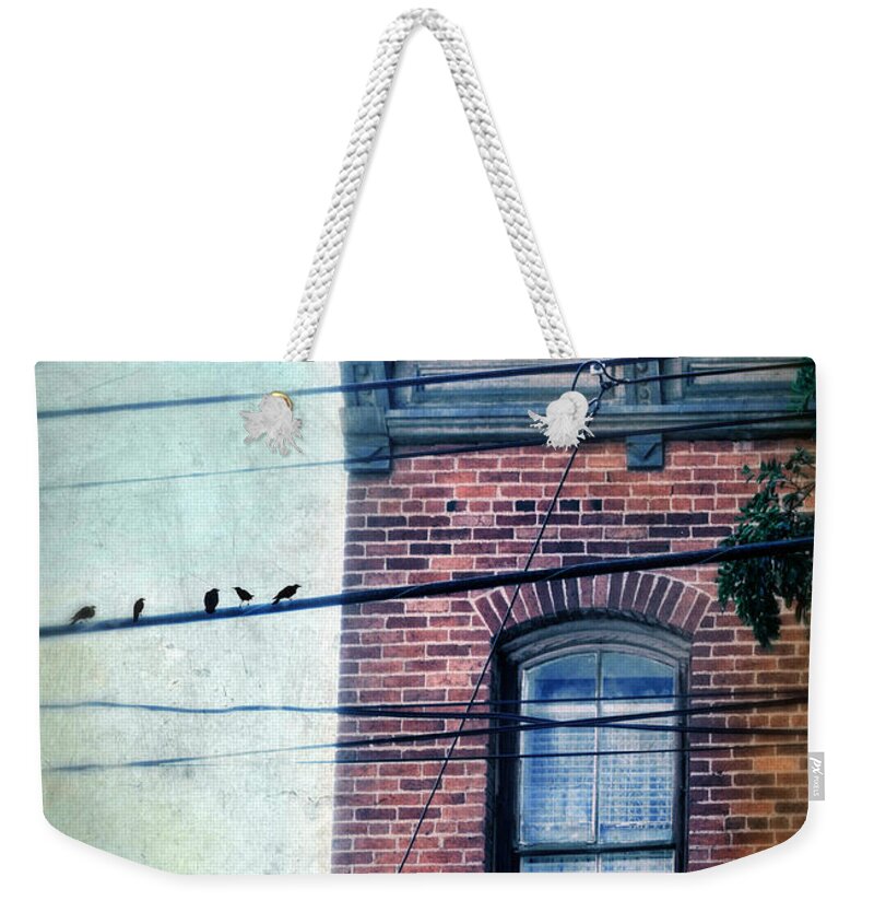 House Weekender Tote Bag featuring the photograph Brick Building Birds on Wires by Jill Battaglia