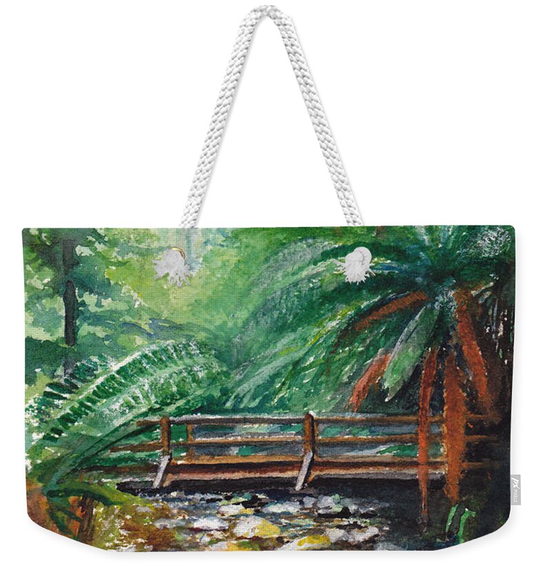 Rainforest Weekender Tote Bag featuring the painting Bridge over Badger Creek by Dai Wynn