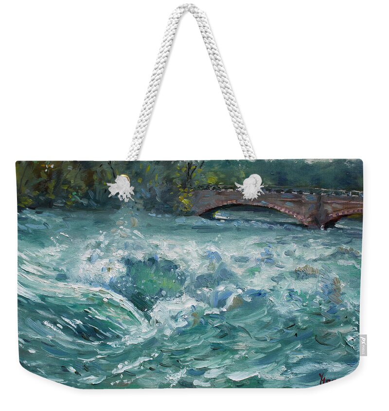 Goat Island Weekender Tote Bag featuring the painting Bridge to Goat Island by Ylli Haruni