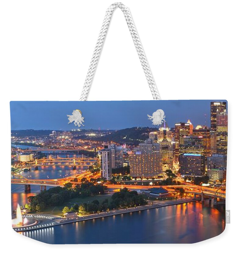 Pittsburgh Skyline Weekender Tote Bag featuring the photograph Bridge To The Pittsburgh Skyline by Adam Jewell