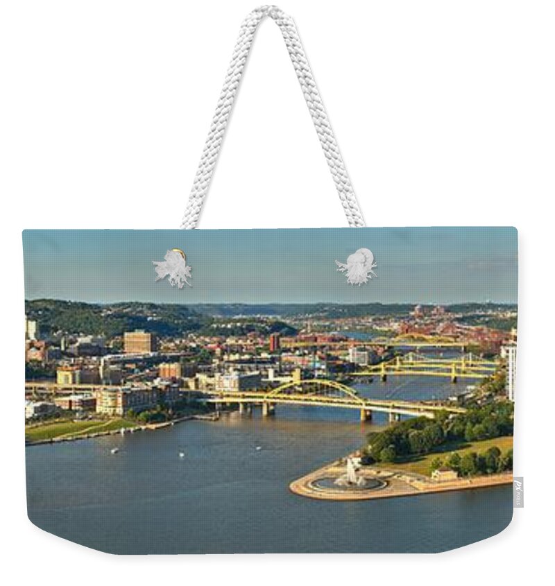 Pittsburgh Panorama Weekender Tote Bag featuring the photograph Bridges Rivers And Skyscrapers by Adam Jewell