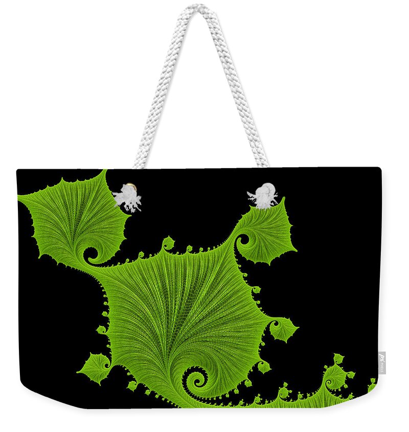 Green Weekender Tote Bag featuring the digital art Bright green fractal leaves black background by Matthias Hauser