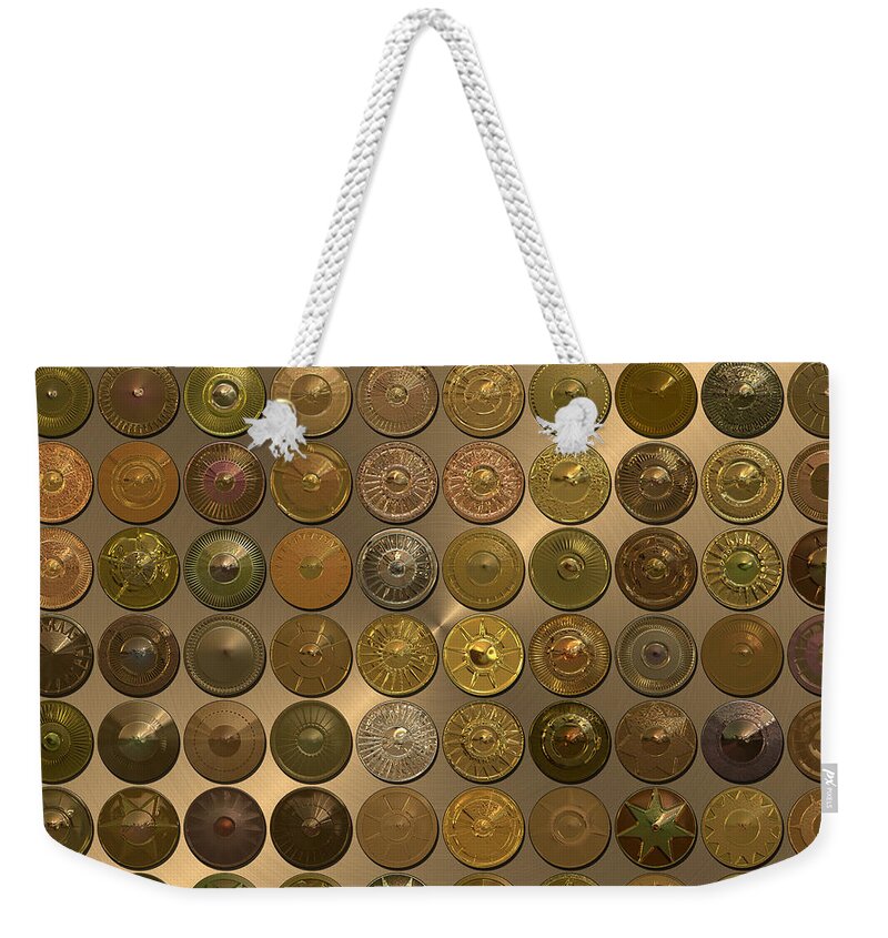 Decorative Weekender Tote Bag featuring the digital art Bronzed Hubcaps by Ann Stretton