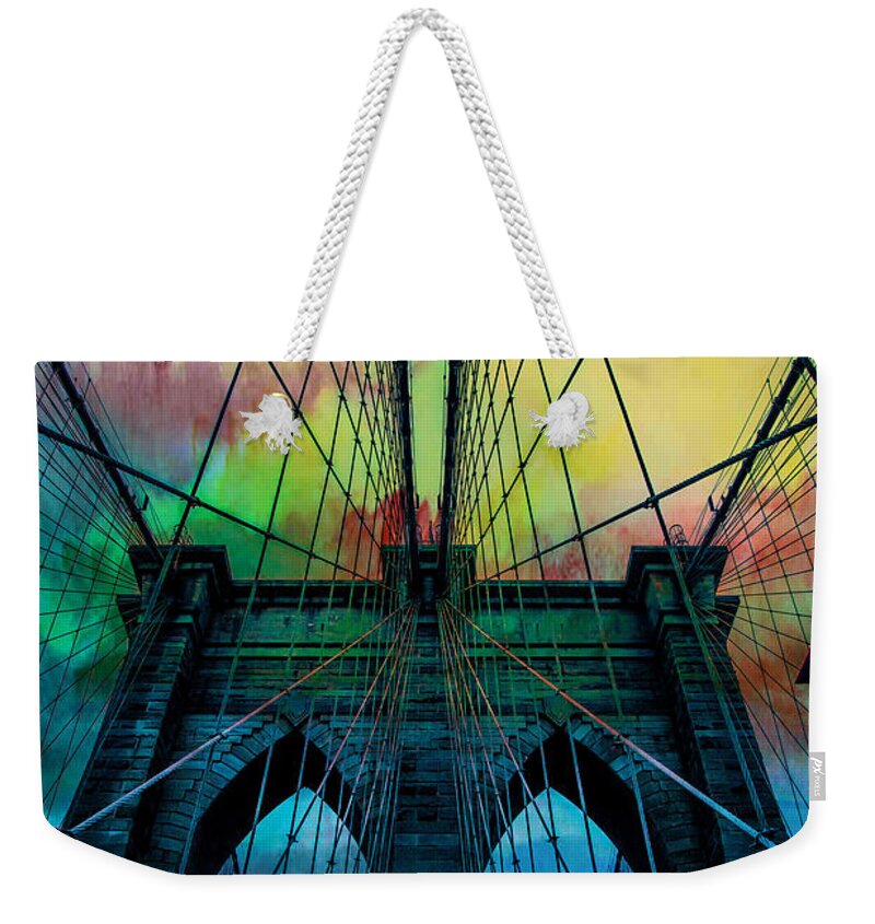 Brooklyn Bridge Weekender Tote Bag featuring the digital art Psychedelic Skies by Az Jackson