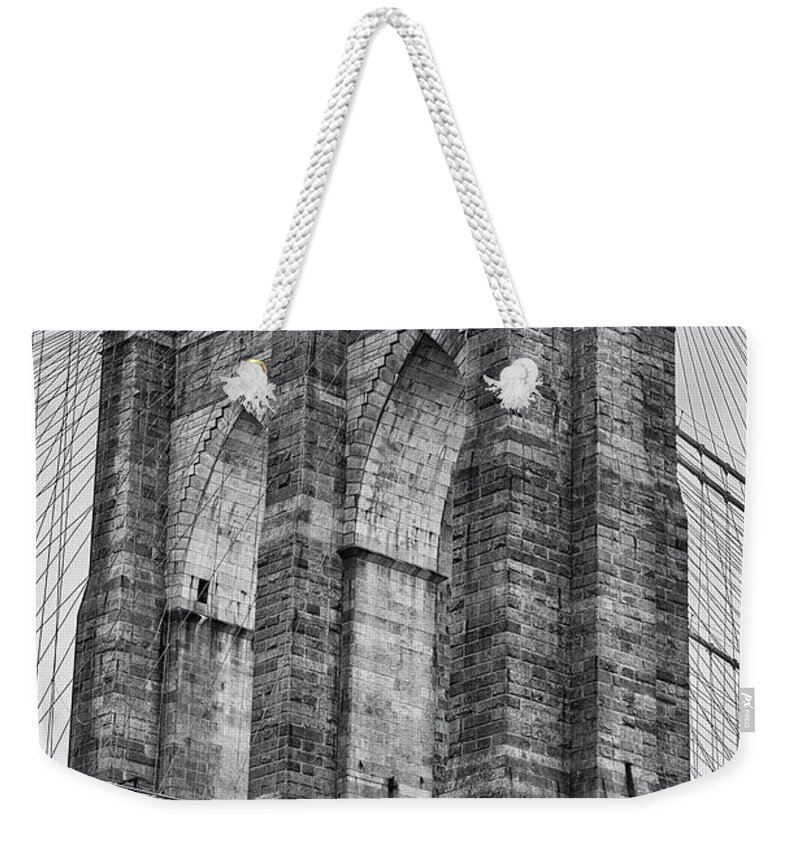 Bridge Weekender Tote Bag featuring the photograph Brooklyn Bridge Tower B and W by Jerry Fornarotto