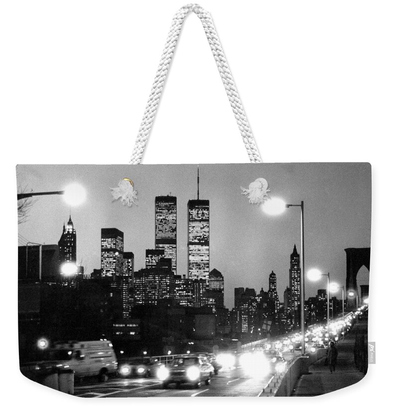 1980s Weekender Tote Bag featuring the photograph Brooklyn Bridge traffic II dusk 1980s by Gary Eason