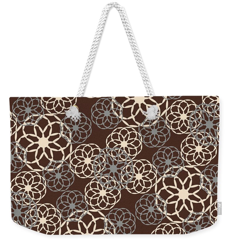 Brown Weekender Tote Bag featuring the mixed media Brown and Silver Floral Pattern by Christina Rollo