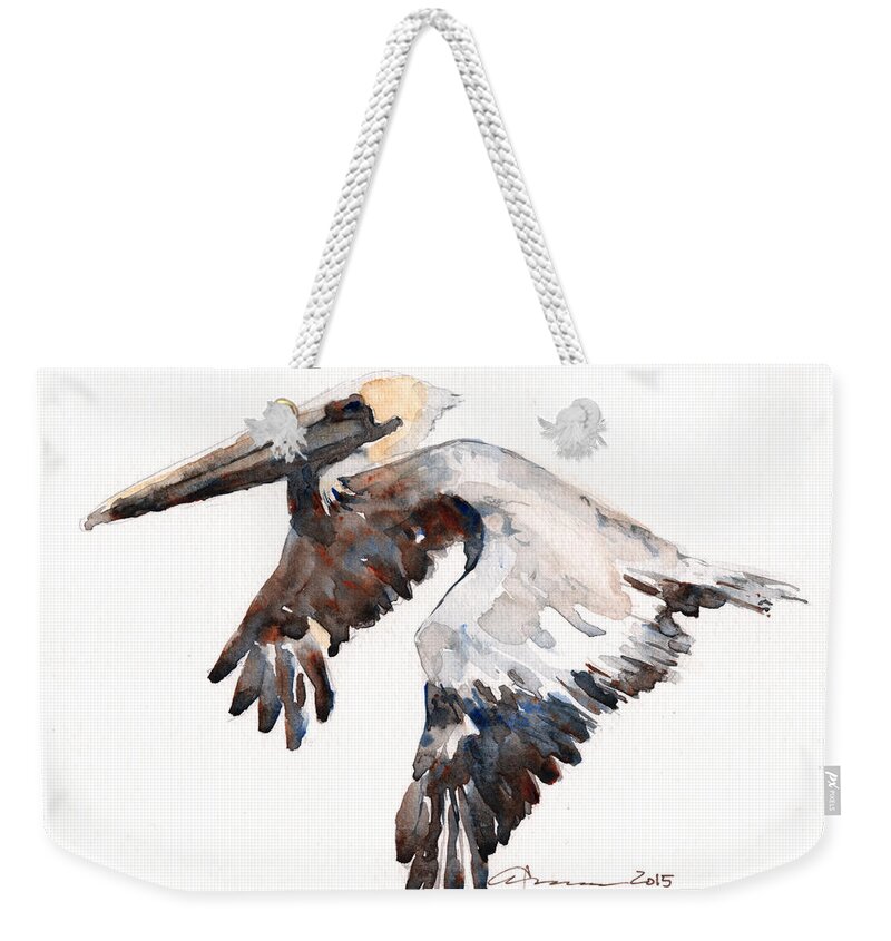 Pelican Weekender Tote Bag featuring the painting Brown Pelican by Claudia Hafner