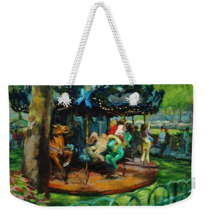 Landscape Weekender Tote Bag featuring the painting Bryant Park - The Carousel by Peter Salwen