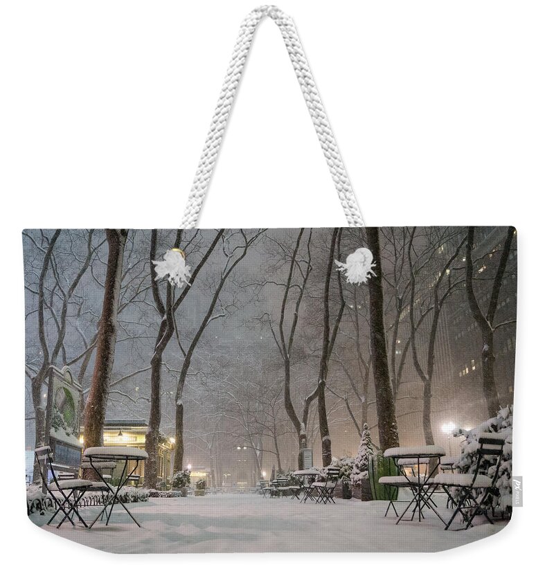 Nyc Weekender Tote Bag featuring the photograph Bryant Park - Winter Snow Wonderland - by Vivienne Gucwa