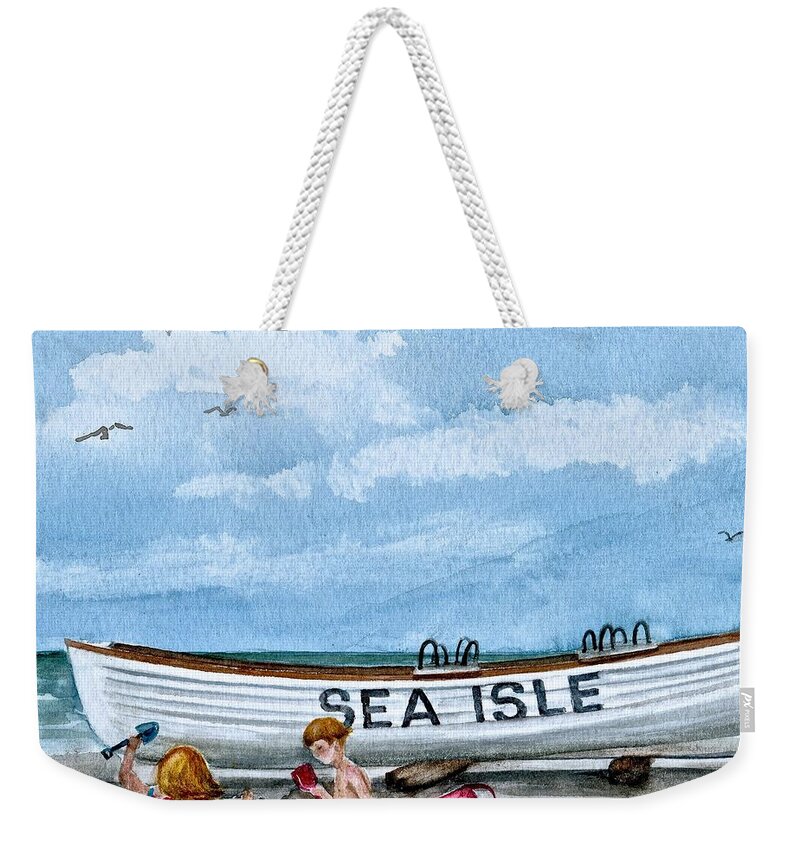 Sea Isle City Lifeguard Boat Weekender Tote Bag featuring the painting Buddies in Sea Isle City 2 by Nancy Patterson