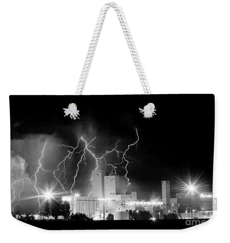  Lightning Weekender Tote Bag featuring the photograph Budweiser Lightning Thunderstorm Moving Out BW Pano by James BO Insogna