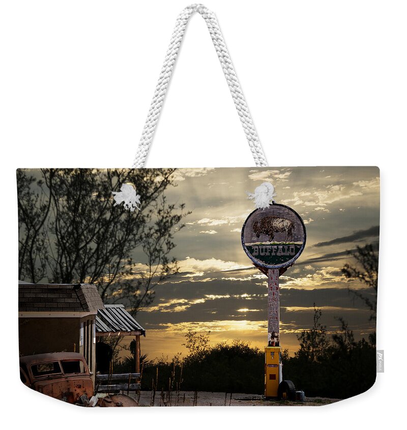 Gas Weekender Tote Bag featuring the photograph Buffalo Trading Post by Betty Depee