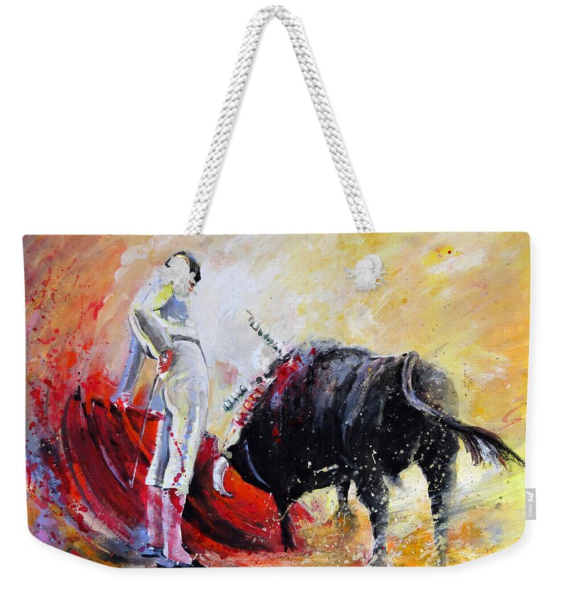 Animals Weekender Tote Bag featuring the painting Bull in Yellow Light by Miki De Goodaboom