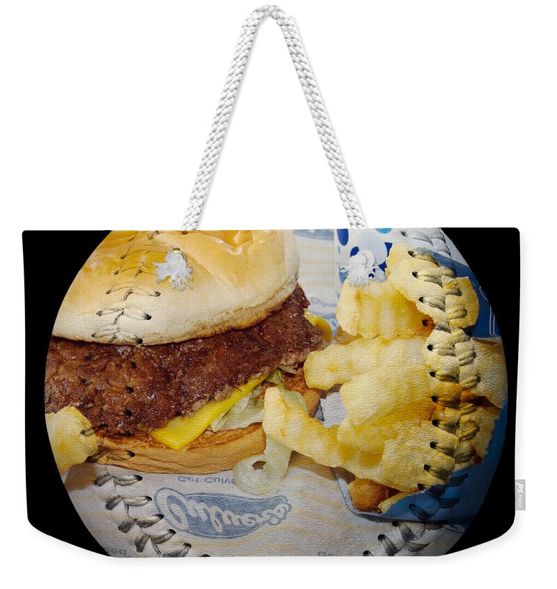 Baseball Weekender Tote Bag featuring the photograph Burger And Fries Baseball Square by Andee Design